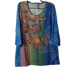 Catherines Womens Tunic Top Size 2X Blue White Striped Leaves 3/4 Sleeve Beaded